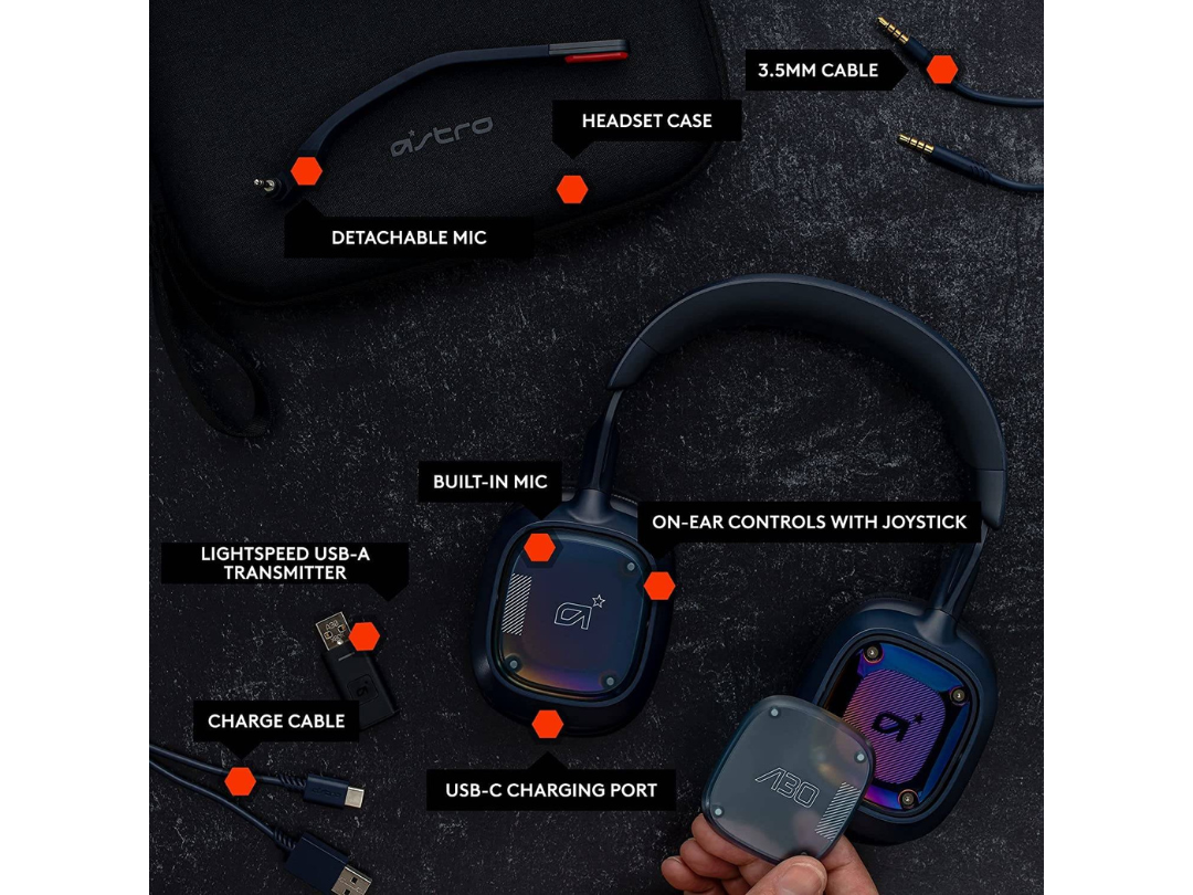 Logitech Astro A30 Lightspeed Wireless Gaming Headset, Bluetooth, Dolby Atmos, Detachable Boom, 27H Battery, USB-C Charging, For PS5, XBox Series XS, Mac, Windows 10/11 & Mobile, Blue | 939-002008 Logitech Astro A30 Lightspeed Wireless Gaming Headset, Bluetooth, Dolby Atmos, Detachable Boom, 27H Battery, USB-C Charging, For PS5, XBox Series XS, Mac, Windows 10/11 & Mobile, Blue | 939-002008
